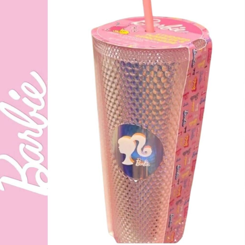 Barbie Logo Head 24oz Studded Tumbler w/Straw & Pink Lemonade Mix